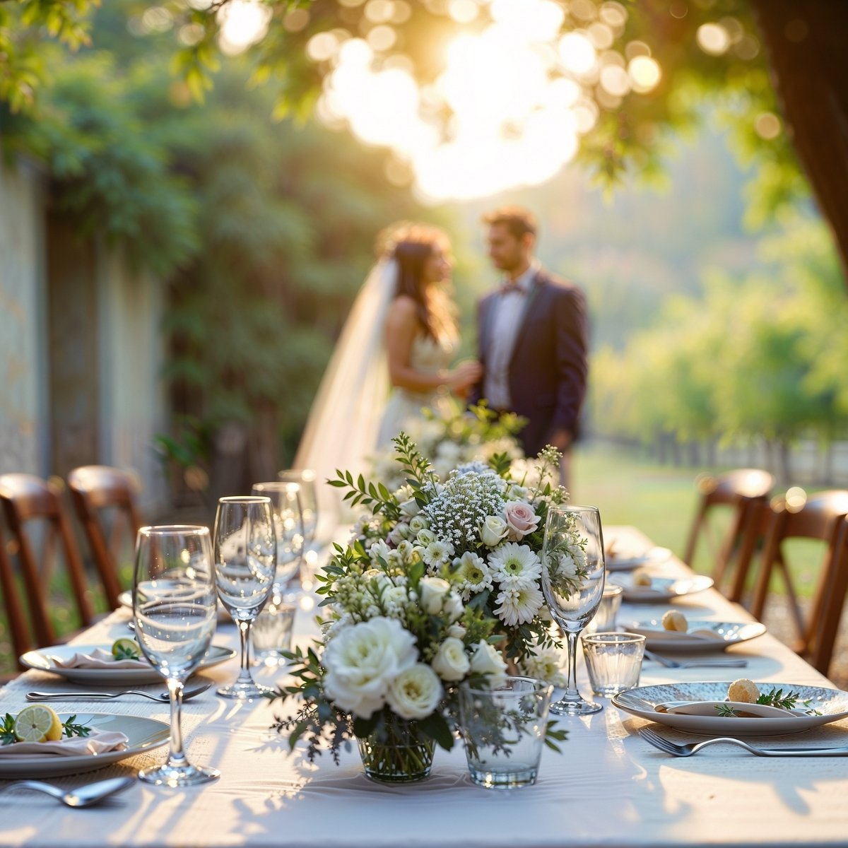 Floral arrangements at an outdoor wedding reception
